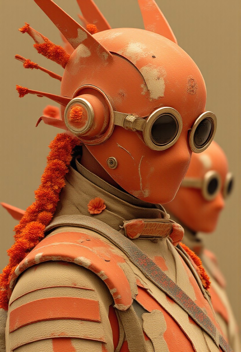 (highly detailed, hyper realistic, cinematic, dramatic style, 8K, masterpiece) This is a CGI-rendered digital artwork with a post-apocalyptic theme. A woman with tan, sun-scorched skin and piercing green eyes stands beneath a blood-red hood made of tattered ballistic fabric. Her matte black metallic mask, engraved with cyan circuitry and damage scars, covers her lower face. Neon blue tubing pulses faintly along the jawline. Her soot-dusted, dark brown hair is tied back. The woman wears scavenged armor pieced together from rusted plates, cracked leather, and cloth, evoking survival and decay. Behind her, the background features parametric optical illusion architecture—fragmented, geometric ruins collapsing into themselves—bathed in smoky, diffused light under a dust-filled crimson sky. The ground is scattered with debris and shattered tech relics. Smoke plumes drift slowly, casting distorted shadows. The scene radiates tension and resilience, a lone survivor in a beautifully ruined, high-tech wasteland. (OBzsweilai, Dark fantasy art, DarkMeower)