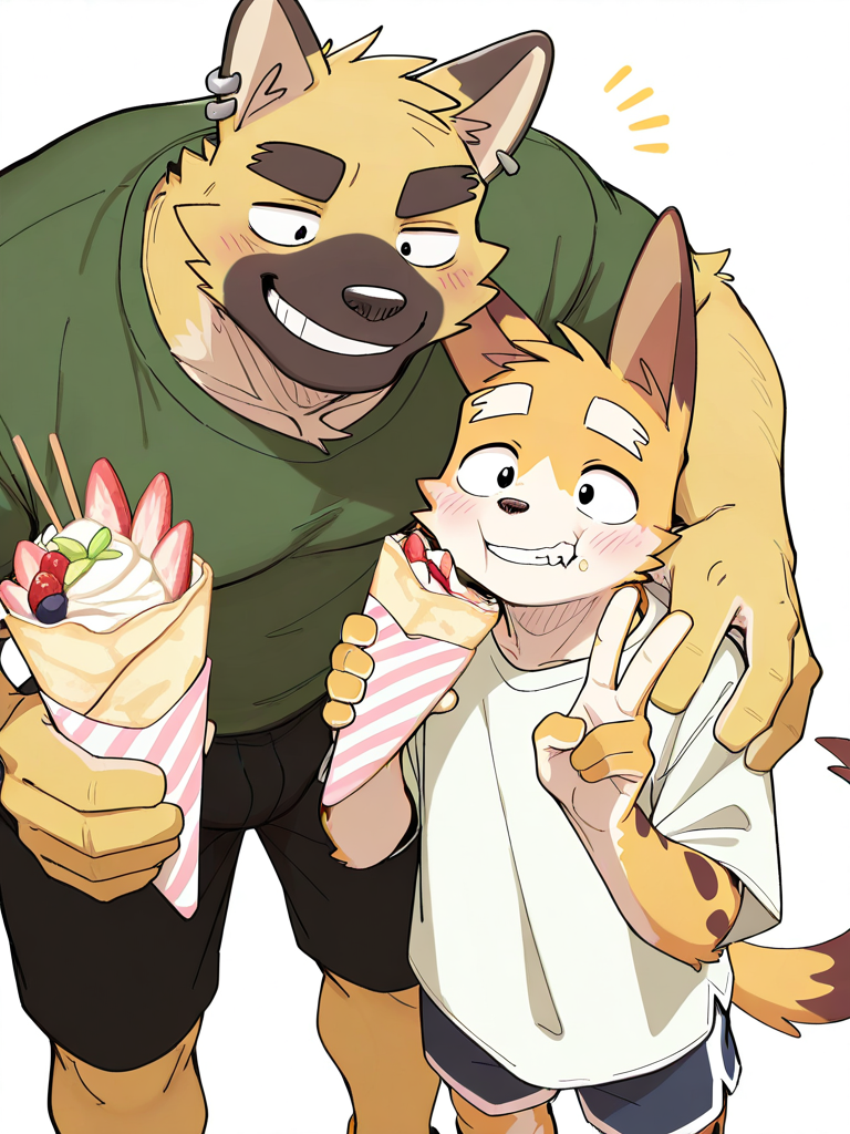 very awa,masterpiece,best quality,amazing quality,very aesthetic,highres,absurdres,
crepe,2boys,furry male,furry,male focus,food,animal ears,v,smile,shirt,holding food,eating,blush,holding,grin,thick eyebrows,green shirt,shorts,earrings,white_background,<lora:Nicosando_ILXL_v1-000020:1>,