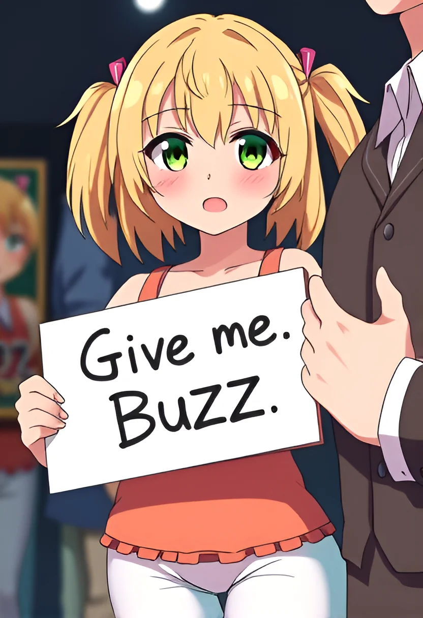 anime girl, teenage, curvy, centered, 1girl, blonde hair, twintails, ((bob cut)), green eyes, :3, slit pupils, white tights, (("Give me Buzz.",Beggars Borad,Holding a sign, holding a sign that says, "Give me Buzz.")), open mouth, blush, shy, looking at viewer, in middle, focus to object, perfect hand, screencaps, fake screenshot, grabbing another's breast