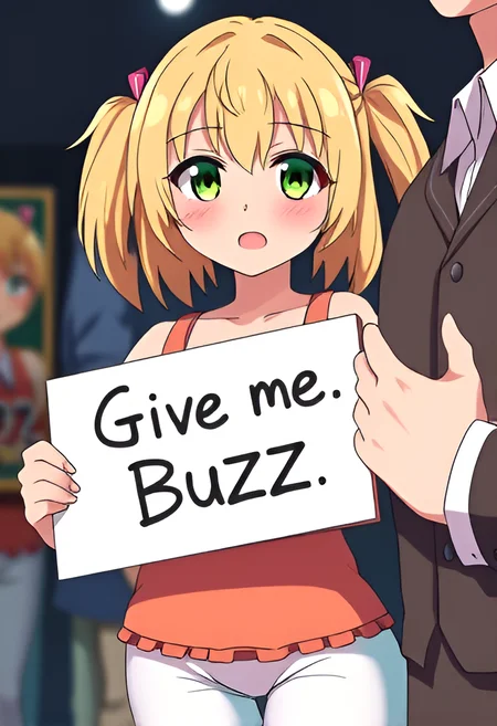 anime girl, teenage, curvy, centered, 1girl, blonde hair, twintails, ((bob cut)), green eyes, :3, slit pupils, white tights, (("Give me Buzz.",Beggars Borad,Holding a sign, holding a sign that says, "Give me Buzz.")), open mouth, blush, shy, looking at viewer, in middle, focus to object, perfect hand, screencaps, fake screenshot, grabbing another's breast