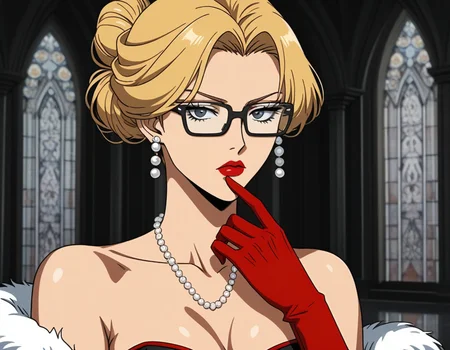 retroanimestyle, 1girl, solo, (black glasses:1.15), side slit, blonde hair, single hair bun, red gloves, earrings, elbow gloves, bare shoulders, looking at viewer, black-framed eyewear, pearl necklace, lipstick, strapless, red strapless dress, makeup, (white fluffy boa:1.15),
serious, looking at viewer, mansion, posh, looking over eyewear, reflection_shot