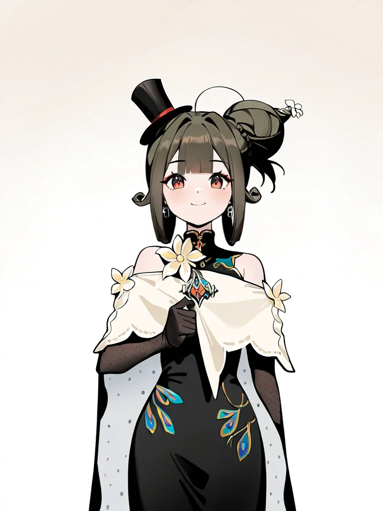 1girl,liqing,solo,simple background,white background,cowboy_shot,standing,looking at viewer,,smile,top hat,front view,from_outside,(single hair bun:1.3),<lora:liqing-000012:0.8>, masterpiece, best quality, very aesthetic, absurdres,newest, incredibly absurdres,