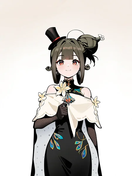 1girl,liqing,solo,simple background,white background,cowboy_shot,standing,looking at viewer,,smile,top hat,front view,from_outside,(single hair bun:1.3),<lora:liqing-000012:0.8>, masterpiece, best quality, very aesthetic, absurdres,newest, incredibly absurdres,