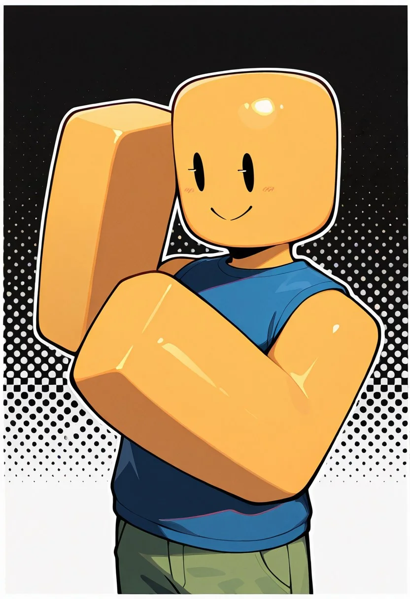 upper body, halftone effect, white borders, abstract background:1.2,, masterpiece, best quality, amazing quality, very aesthetic, absurdres, newest,
noob, solo, smile, colored skin, yellow skin, 1boy, block arms, , closed mouth, blue shirt, green pants, solid oval eyes, sleeveless, big arms