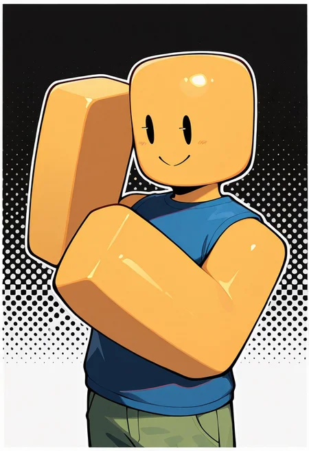 upper body, halftone effect, white borders, abstract background:1.2,, masterpiece, best quality, amazing quality, very aesthetic, absurdres, newest,
noob, solo, smile, colored skin, yellow skin, 1boy, block arms, , closed mouth, blue shirt, green pants, solid oval eyes, sleeveless, big arms