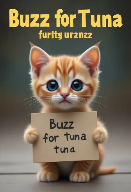 A kitten holding a sign with text "buzz for tuna" <lora:buzz for tuna-text:1>