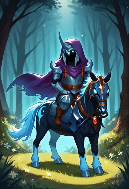 score_9, score_8_up, score_7_up, score_6_up, score_5_up, score_4_up, BREAK braeburned, by braeburned, abaddonpdxl, 1boy, armor, shoulder armor, cloak, hood, hooded face, single horn, glowing eyes, male focus, horseback riding, outside, dark forest, mist, happy, glowing, blue horse, blue fur, glowing, tail, horse armor, spirit, glowing fur, standing, peace sign, looking at viewer, solo, no humans, Chibi, Chibi Art Style, Chibi Body