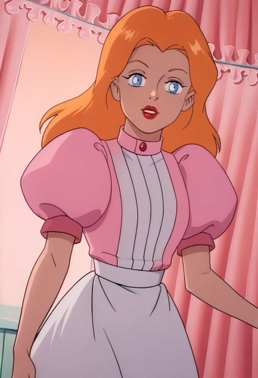 score_9_up, score_8_up, score_7_up, 1980s (style), retro artstyle, source_cartoon, rating_safe, solo 
JetLagAlice, 1girl, orange hair, blonde hair, long hair, makeup, lipstick, red lips, blue eyes, puffy sleeves, puffy short sleeves, short sleeves, dress, pink dress, apron, white pantyhose, pantyhose, skirt, shoes, red footwear
solo, upper body, dutch angle, looking at viewer,