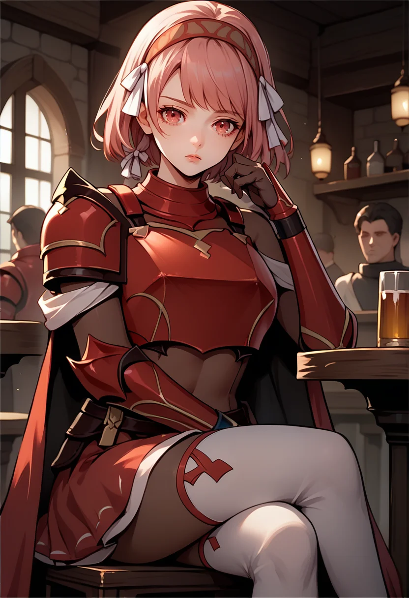 score_9, score_8_up, score_7_up, source_anime, 1girl, sitting, crossed legs, looking at viewer, expressionless, BREAK <lora:LapisFE-pdxl:1> defLapis, short hair, hair ribbon, two-tone hairband, red armor, breastplate, large breasts, shoulder armor, vambraces, bodystocking, red skirt, red cape, white thighhighs, indoors, tavern, chair