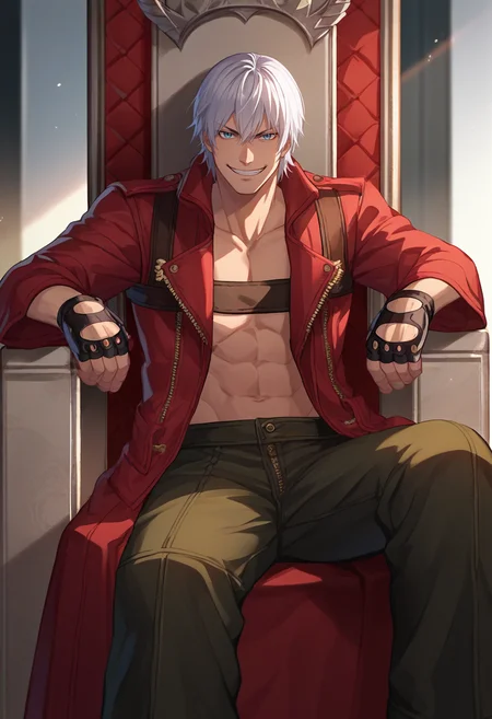 score_9, score_8_up, score_7_up, source_anime, solo, male focus, 1boy, dmc3dante, smirk, looking at viewer, sitting, throne, coat, bandeau, fingerless gloves, pants <lora:dmc3_dante_ponyXL:1>