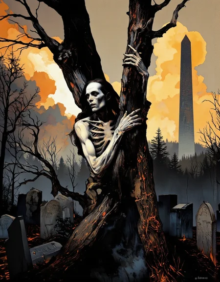 Art by Jeffrey Catherine Jones. A surreal digital illustration from a below camera angle about a skeletal figure clinging to a twisted tree in a post-apocalyptic landscape. the image features a skeletal man with long hair, pale skin, and a skeletal face, standing in the middle of the image, gripping the trunk of the tree with both hands. the man appears to be in a state of distress, with his eyes half-closed and his mouth slightly open, as if he is in pain. he is surrounded by a dark, smoky sky with orange and yellow hues, and the surrounding area is filled with charred trees and gravestones, creating a somber and eerie atmosphere. in the background, a tall, obelisk stands amidst the scene, adding to the sense of decay and mystery. the overall mood is eerie and foreboding, with the man's skeletal appearance and the darkness of the background creating a sense of depth and dimensionality.