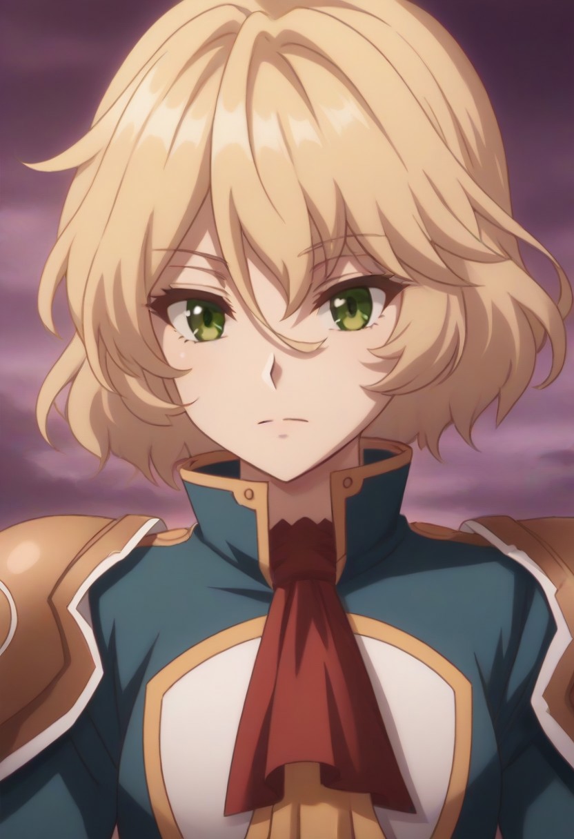 source_anime, healerblade, <lora:healer-blade-ponyxl-lora-nochekaiser:1> blade, blonde hair, green eyes, short hair, hair between eyes, long sleeves,, uniform, military, ascot,