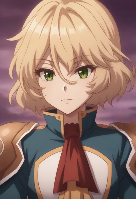 source_anime, healerblade, <lora:healer-blade-ponyxl-lora-nochekaiser:1> blade, blonde hair, green eyes, short hair, hair between eyes, long sleeves,, uniform, military, ascot,