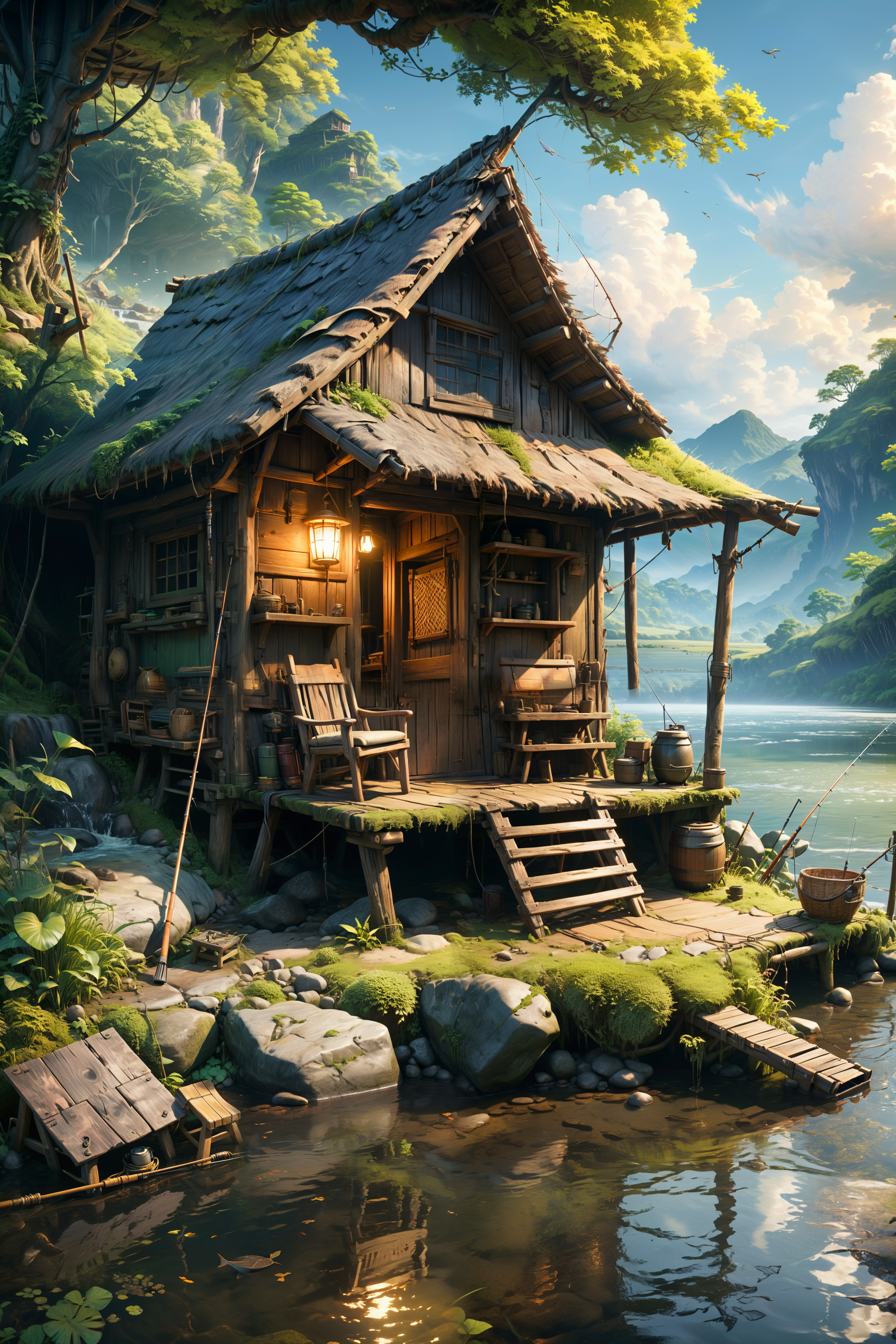 <lora:xl_more_art-full_v1:0.7> , (best quality:1.5), (intricate emotional details:1.5), (sharpen details),  (ultra detailed), (cinematic lighting),  peaceful shack on the side of a river, empty chair with a fishing pole beside it, anime style