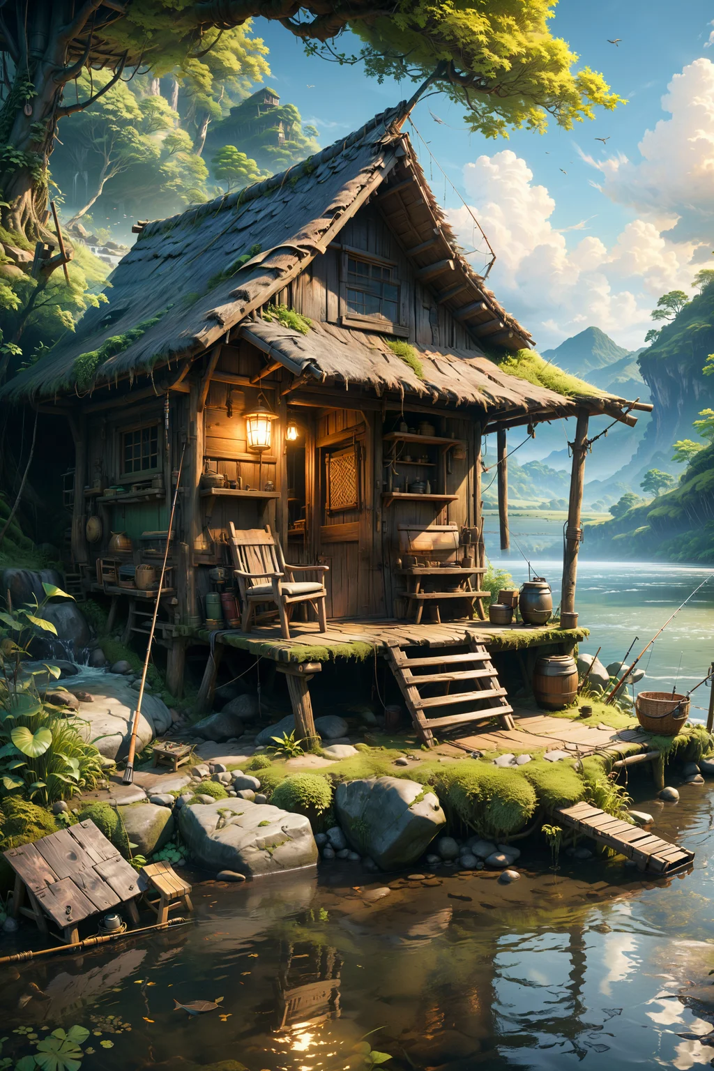 <lora:xl_more_art-full_v1:0.7> , (best quality:1.5), (intricate emotional details:1.5), (sharpen details), (ultra detailed), (cinematic lighting), peaceful shack on the side of a river, empty chair with a fishing pole beside it, anime style