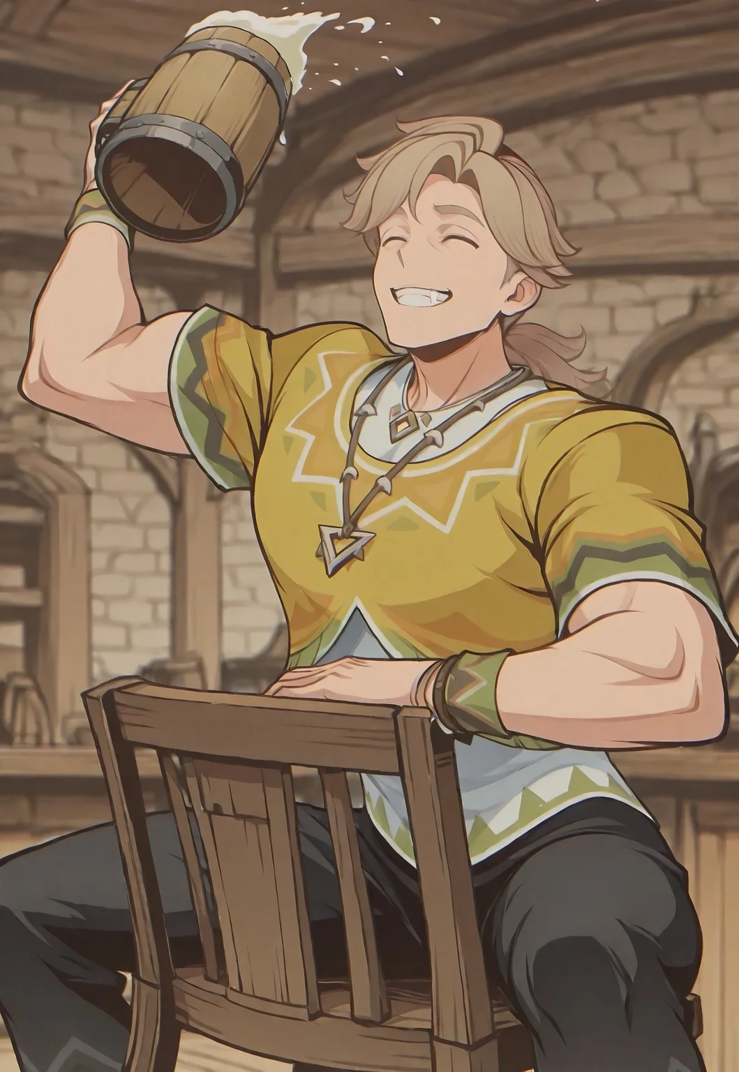 masterpiece, best quality, newest, extreme detail description, amazing quality, solo, muscular male,1boy, solo, Aug_GI, blonde hair, ponytail, blue yes, white shirt, necklace, yellow poncho, bracelet, black pants, on chair, sitting backwards, ^ ^, toothy grin, arm raised, holding beer mug, tavern background, frontal view 

