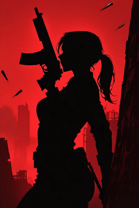 score_9, masterpiece, best quality, amazing quality, very aesthetic, absurdres, newest, ultra-detailed, sharp focus, depth of field, dynamic composition, side view, cinematic shot, Lara Croft_\(tomb_raider\), 1girl, solo, ponytail, cowboy shot, shooting a gun, shooting bullet, action shot, dramatic pose, silhouette, ancient archeological ruins, red theme, red light scatter, suspenseful tension, poster aesthetics, dramatic shadows, c0mix, artist:moriimee
