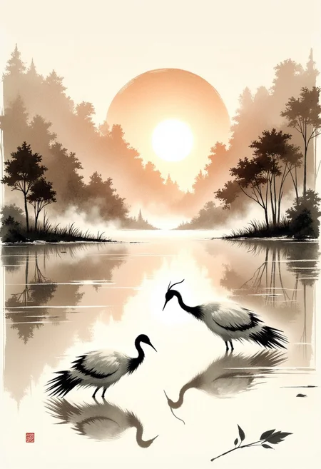traditional japanese art style, ink on paper, wabi-sabi, henna and carmine, sepia, BREAK, image of cranes, tranquil woodland lake, sunset, minimal brush strokes, Inkwashara