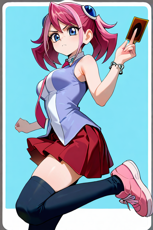 masterpiece, High quality, Ultra detailed, 2d, newest, absurdres, highres, BREAK
1girl, solo, <lora:hiiragi_yuzu:0.8>, hiiragi_yuzu_(yu-gi-oh!), short twintails, pink hair, two-tone hair, hair ornament, blue eyes, 
medium breasts, yuzudef, sleeveless, school uniform, necktie, jewelry, bracelet, pleated skirt, red skirt, zettai ryouiki, black thighhighs, shoes, pink footwear, 
card, holding card, angry, hand up,