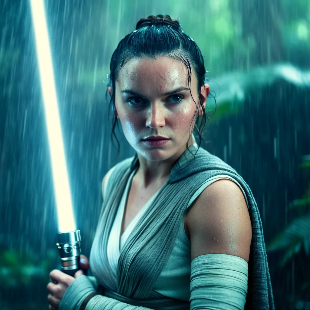 cinematic film still of <lora:star wars style:1.5>
In star wars universe Rey a woman with a light saber standing in the rain in an epic battlefront scene star wars style, shallow depth of field, vignette, highly detailed, high budget, bokeh, cinemascope, moody, epic, gorgeous, film grain, grainy