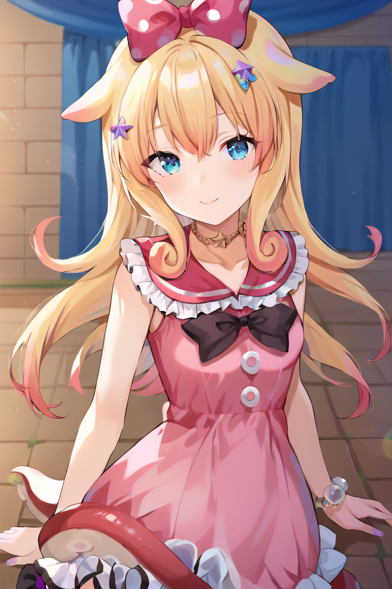 solo, 1girl, female, momo_otako, smile, ((tentacle)), BREAK star hair ornament, hair bow, polka dot bow, pink dress, frilled dress, sleeveless dress, sailor collar, frills, white socks, shoes, Choker, bracelet, jewelry,  BREAK indoors, bedroom, colorful, looking at viewer, portrait, BREAK ((ultra-detailed)), ((best quality)), ((best quality)), ((beautiful eyes)), ((extremely detailed)), 4K, (8K), best quality, (beautiful), Master piece, highres, score_9, score_8_up, score_7_up, score_6_up, score_5_up, score_4_up, colorful, best quality, official art, highres, masterpiece, nai3, god light, detailed background, high quality background, <lora:add_details_xl:1> <lora:Momo_Otako_V-Tuber:1>