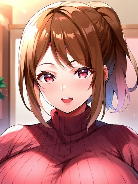 score_9, score_8_up, score_7_up,
1girl, nonoka rr, huge breasts, ponytail, brown hair, pink eyes,
sweater, turtleneck, upper body, smile, open mouth, looking at viewer, indoors, blurry background,
