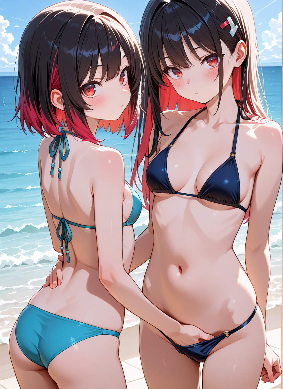 masterpiece,best quality,absurdres,highres,very aesthetic,high quality,detailed,insanely detailed,beautiful,perfect lighting, looking at viewer, very awa
2girls, multiple girls, long hair, blush, multicolored hair,  medium breasts,  bikini, ocean, outdoors, standing, upper body, one girl look back,
 <lora:privet-move:1> one hand in panties, hand on other panties,
cowboy shot,, <BREAK> , masterpiece, amazing quality, best quality, ultra-detailed, 8K, illustration, CG, anime coloring,