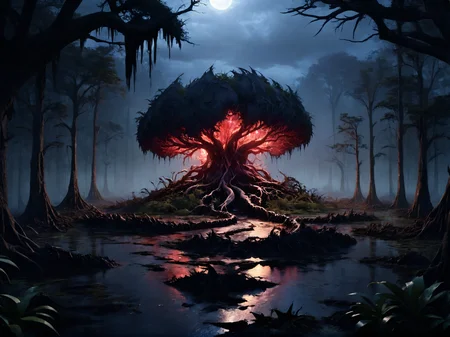 breathtaking an island made of mutated living flesh and teeth in the middle of a toxic swamp, <lora:Cyberfleshmutant:0.6> rotten fleshmutant plants, <lora:DonMD3m0nV31nsXL_v1.1:1> DonMD3m0nV31nsXL, demonic, pulsating veins, bio, organic terrain and ground, <lora:EnvyDreamlandsXL01-adamw:0.5>, dark and mysterious atmosphere,, masterpiece, award-winning, professional, highly detailed, rim lighting