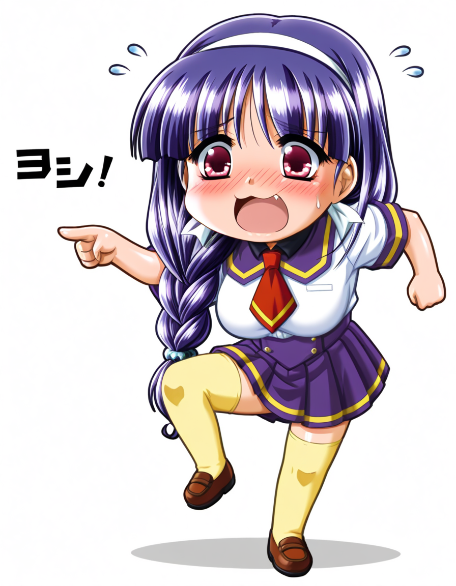 masterpiece, best quality, amazing quality, very aesthetic, absurdres, official art, ultra detailed,
1girl, solo, (chibi:1.2), full body, iida_kaname, purple hair, long hair, hairband, braid, large breasts, gleaming skin BREAK school uniform, skirt, yellow thighhighs, embarrassed, flying sweatdrops, genba_neko,chibi,pointing,standing on one leg,:3,open mouth,meme,parody, simple background, white background <lora:genba_neko_like_v2:1> <lora:iida kaname v1.0-000015:1>