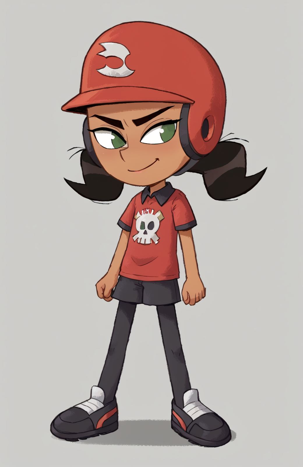 ((score_9)), score_8_up, ((high quality)), ((masterpiece)) BREAK
  TammyM, helmet, twintails, green eyes, black hair, dark-skin female, shirt<lora:pony_good_hands:0.8>,<lora:Tammy_Myers:0.8>