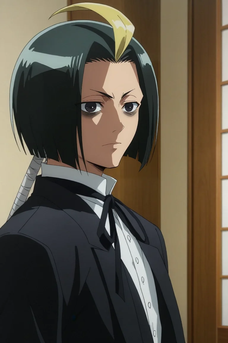 score_9, score_8_up, score_7_up, source_anime, rating_safe, intricate details, anime screencap, , , , , 1boy, solo, male focus, <lora:seigen_amawaka_pony:0.84>, seigen_amawaka, black hair, black eyes, long hair, low ponytail, multicolored hair, two-tone hair, streaked hair, blonde hair, ahoge, , ,, <lora:sdxl_lightning_8step_lora:1>