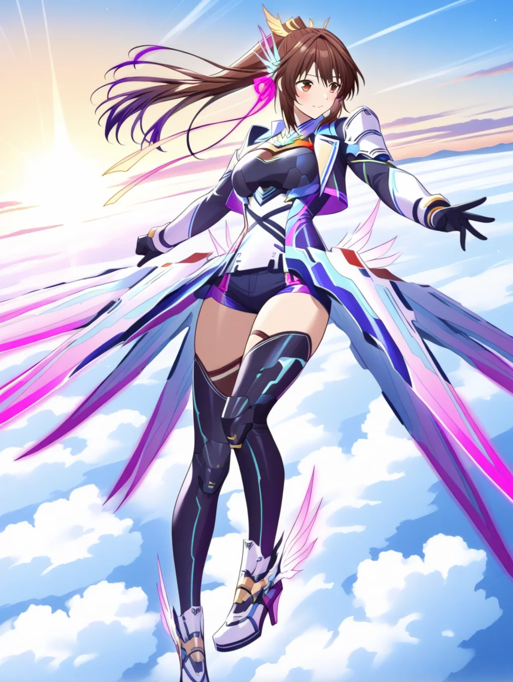 perfect quality,best quality,absolutely eye-catching,ambient occlusion,raytracing BREAK
1girl,<lora:sinnkyuu IL v1.1:1>,sinnkyuu,brown eyes,brown hair,ponytail,hair ornament,long sleeves,open coat,edge skirt,thighhighs,high heels,sky,flying,wind,purple edge,short shorts,