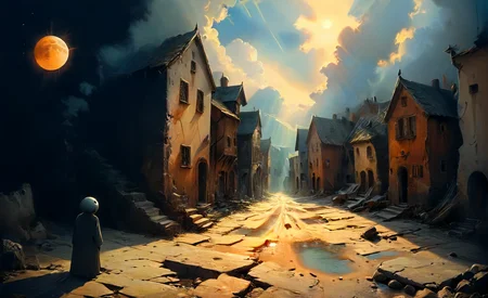 studio ghibli, infuriating puzzle,  darkest small necropolis night of the envy sitting hiding tiny dead wast (landscape:1.1), moon, eclipse, fog, BREAK lovely day of the happy living thriving busy (village:1.1) city, sun, god-rays, highly detailed, landscape, panorama, wide-angle, moody, atmospheric, masterpiece, high resolution, hdr, 8k, composition, shadows, clouds, (complex:1.2), (intricate:1.1),  <lora:- SDXL - vanta-black_contrast_V3.0:0.7>, <lora:- SDXL - otclillsn_impossible_geo_V1.0:0.7>, <lora:dfantasy:0.8>, <lora:The_Simplest:0.8>, <lora:DonMP41n717Bl4ckXL:0.4>, <lora:SDXL - Style - EldritchRomanceIllustration1.3.1:0.4>, <lora:artfullyECHELIER_SDXL_V1:0.4>