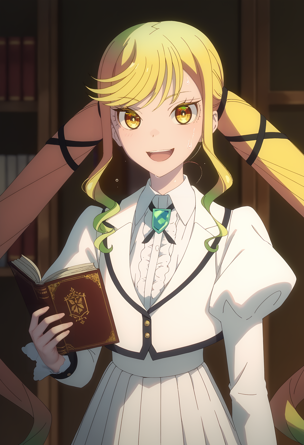 <lora:Suzunomiya_Ririsa-pony-000022:1>,
score_9,score_8_up,score_7_up,
Suzunomiya Ririsa,solo,book,holding,looking at viewer,open mouth,necktie,holding book,upper body,puffy sleeves,sweatdrop,smile,long sleeves,sidelocks,juliet sleeves,shirt,white shirt,school uniform,collared shirt,sweat,hair ribbon,jacket,ribbon,