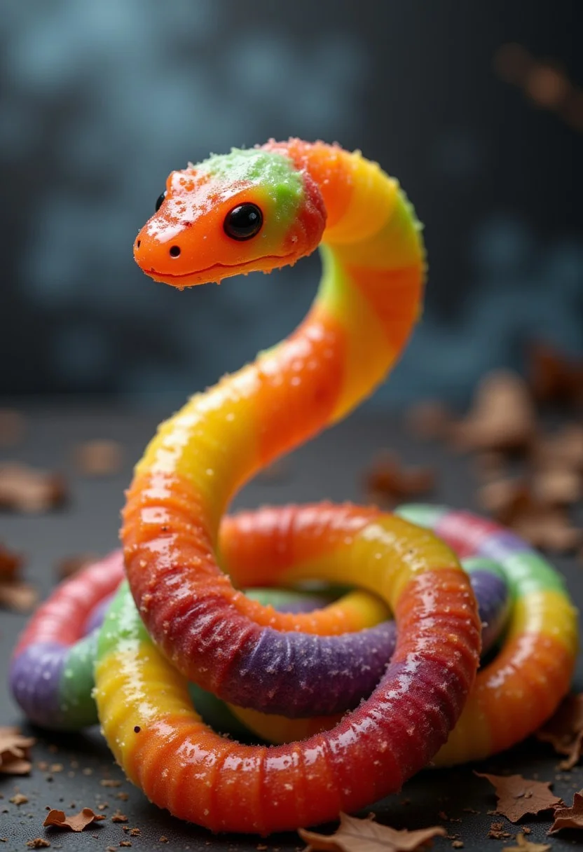 A vibrant, sugar-coated snake slithers into view, its body composed of a single, continuous piece of colorful, gummy goodness. The snake's scales, crafted from a translucent, jelly-like material, seem to glow with an inner light, as if infused with a sweet, sugary magic. The gummy snake's body is a mesmerizing, swirling pattern of orange, yellow, green, and purple, evoking the iconic colors of Halloween. The snake's texture is smooth and slightly tacky, like a freshly unwrapped gummy treat. A sprinkle of edible, glittering dust adds a touch of whimsy to the snake's surface, making it seem like a living, breathing creature. The air is filled with the scent of sweet, fruity flavors, and the surrounding shadows seem to vibrate with the promise of tasty, sugary delights. halloween themed, highest-Quality, intricate details, visually stunning, Masterpiece