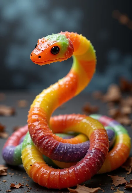 A vibrant, sugar-coated snake slithers into view, its body composed of a single, continuous piece of colorful, gummy goodness. The snake's scales, crafted from a translucent, jelly-like material, seem to glow with an inner light, as if infused with a sweet, sugary magic. The gummy snake's body is a mesmerizing, swirling pattern of orange, yellow, green, and purple, evoking the iconic colors of Halloween. The snake's texture is smooth and slightly tacky, like a freshly unwrapped gummy treat. A sprinkle of edible, glittering dust adds a touch of whimsy to the snake's surface, making it seem like a living, breathing creature. The air is filled with the scent of sweet, fruity flavors, and the surrounding shadows seem to vibrate with the promise of tasty, sugary delights. halloween themed, highest-Quality, intricate details, visually stunning, Masterpiece