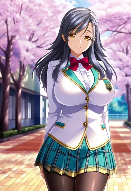 masterpiece, best quality, amazing quality,kazuha kusunoki, yellow eyes, black hair, long hair, 1girl, solo,pantyhose, school uniform,breasts, pleated skirt, large breasts,white blazer, white shirt, green skirt,plaid skirt, hairband, red bow, parted lips, light smile, standing, looking at viewer, cowboy shot, blurry background, outdoors, school, cherry blossoms <lora:kazuha kusunokiV1:0.8>