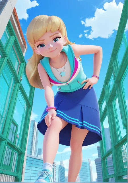 handsfree, masterpiece, best quality, amazing quality, very aesthetic, 1girl, looking at viewer, first on hips, outdoors, behind a building, dynamic angle, 3d, looking down at viewer, low angle, smug,
stephanie_illus, blue eyes, long hair, blonde hair, blue skirt, shirt, sleeveless hoodie, necklace, bracelet, socks, blue shoes, sneakers,
<lora:Stephanie_-_Lego_Friends__Girls_on_a_Mission_illustrious:1>
