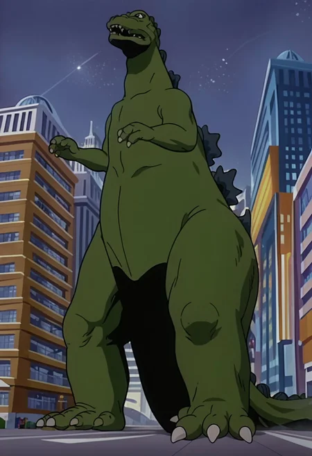 score_9_up, score_8_up, score_7_up, source_anime, anime screencap, retro anime style, low angle, from below, monster focus, BREAK, (godzilla_1954) godzilla78, feral, male, godzilla, green skin, solo, flat color, outdoors, cityscape, night, gigantic monster, model_buildings, model_kit_(medium), diorama model city, plastic dark buildings, forced perspective, blurry background, building, looking up, Original video animation style