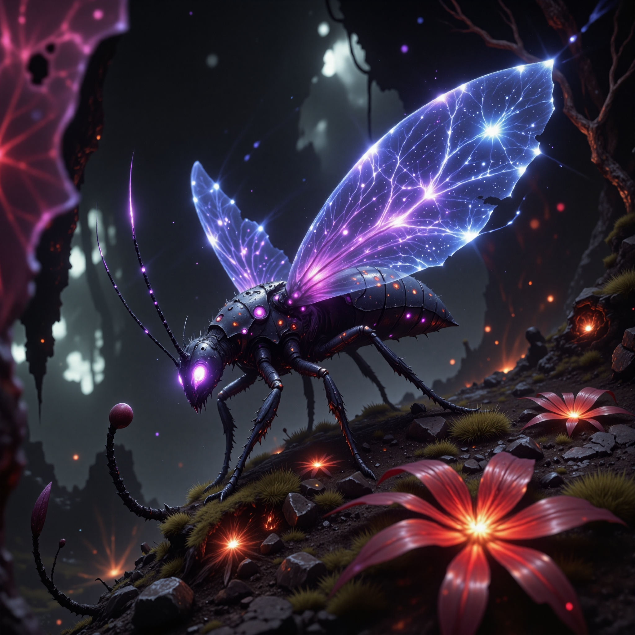 award-winning macro photo, short depth of field, hyper realistic, dim lighting, at night, bioluminescence, subsurface scattering, the flickering "gleaming floobwillo" is a tiny darting insectoid, thriving in the crimson-hued crimblewilds of the humid world "thunderturf ii." its flibberwhirring wings are tipped with glowing nodes that flash in rhythmic patterns, creating intricate lumiglyphs to communicate with its swarm. the creature's habitat is a chaotic labyrinth of tangled, knorpled branches and flaring orbiflowers that release puffs of phosphorescent pollen into the stifling air, creating an otherworldly, lurbled landscape, highly detailed, intricate, detailed background, golden ratio, arsmjstyle, dnddarkestfantasy, in the style of ck-ovf, aidmafluxpro1.1, 
amanoer, <lora:style-yoshitaka_amano-elden_ring-flux-by_alicient:0.4> 
<lora:style-dnd_dark_fantasy-flux-by_arsmachina:0.8> 
<lora:style-oneviolentfantasy-ep21-flux-by_chronoknight:0.72> 
<lora:flux_pro1.1_detailer-v0.2-flux-by_aidma:0.48>