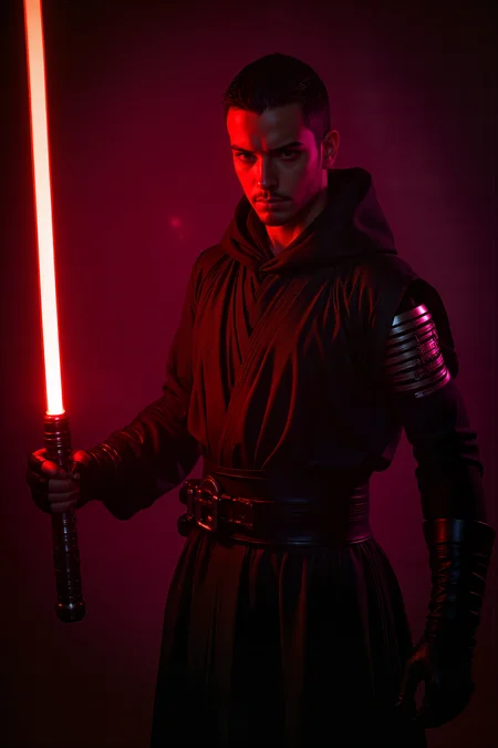 A hyper-realistic, photorealistic photo image of A man in sithoutfit with red lightsaber (photography, high-resolution, dynamic, energetic,hyper-realistic, dramatic lighting, shallow depth of field.), detailmaximizer, MythP0rt<lora:midjourney_whisper_flux_lora_v01:0.55><lora:aidmaMJ6.1-FLUX-V0.1:0.4><lora:FluxMythP0rtr4itStyle:0.4><lora:detailed_flux_ntc:2.2><lora:aidmaImageUpgrader-FLUX-V0.1:0.65><lora:SITH_FLUX:1.1>