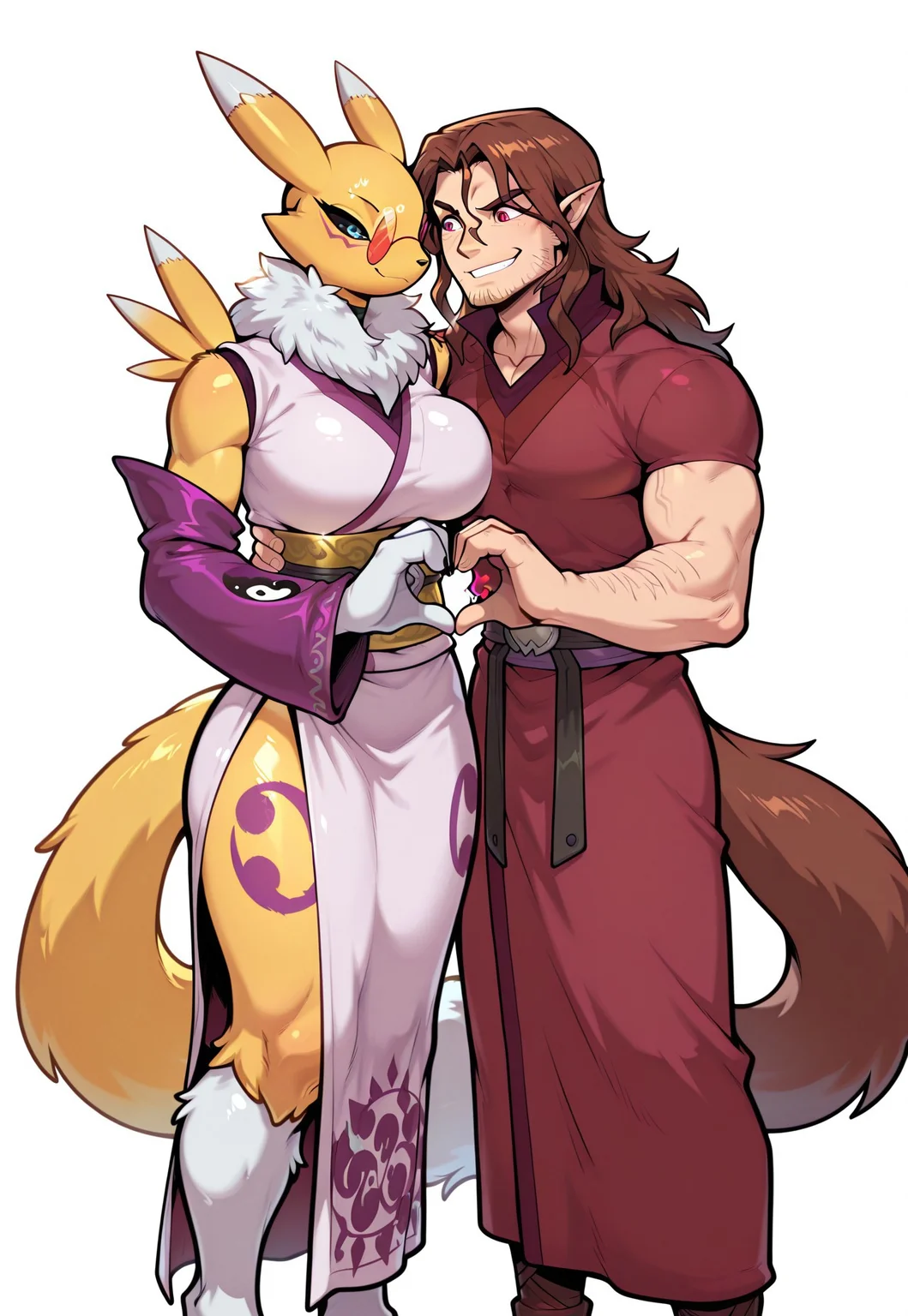 masterpiece, best quality, amazing quality,, 
BREAK
<lora:digimon-renamon-illustriousxl-lora-nochekaiser:1> (1girl, solo), Renamon_\(Digimon\), Yellow-white fur,Pointy Ears,White Tipped Ears,Neck Tuft,Blue Eyes,Black Scelera, Long Fox Like Tail, large breasts, kimono, purple kimono, obi, yellow obi, detached sleeves, purple sleeves, full length sleeves,, 
BREAK
<lora:trevor-belmont-ponyxl-lora-nochekaiser:1>, trevorbelmont, 1boy, brown hair, long hair, pony tail, red eyes, facial hair, stubble, high collar, tunic, dark red tunic, short sleeves, no animal ears, no tail,, 
BREAK
<lora:heart-hands-duo-illustriousxl-lora-nochekaiser:1> heart hands duo, heart hands, heart, heads together, cheek-to-cheek, smile, hetero