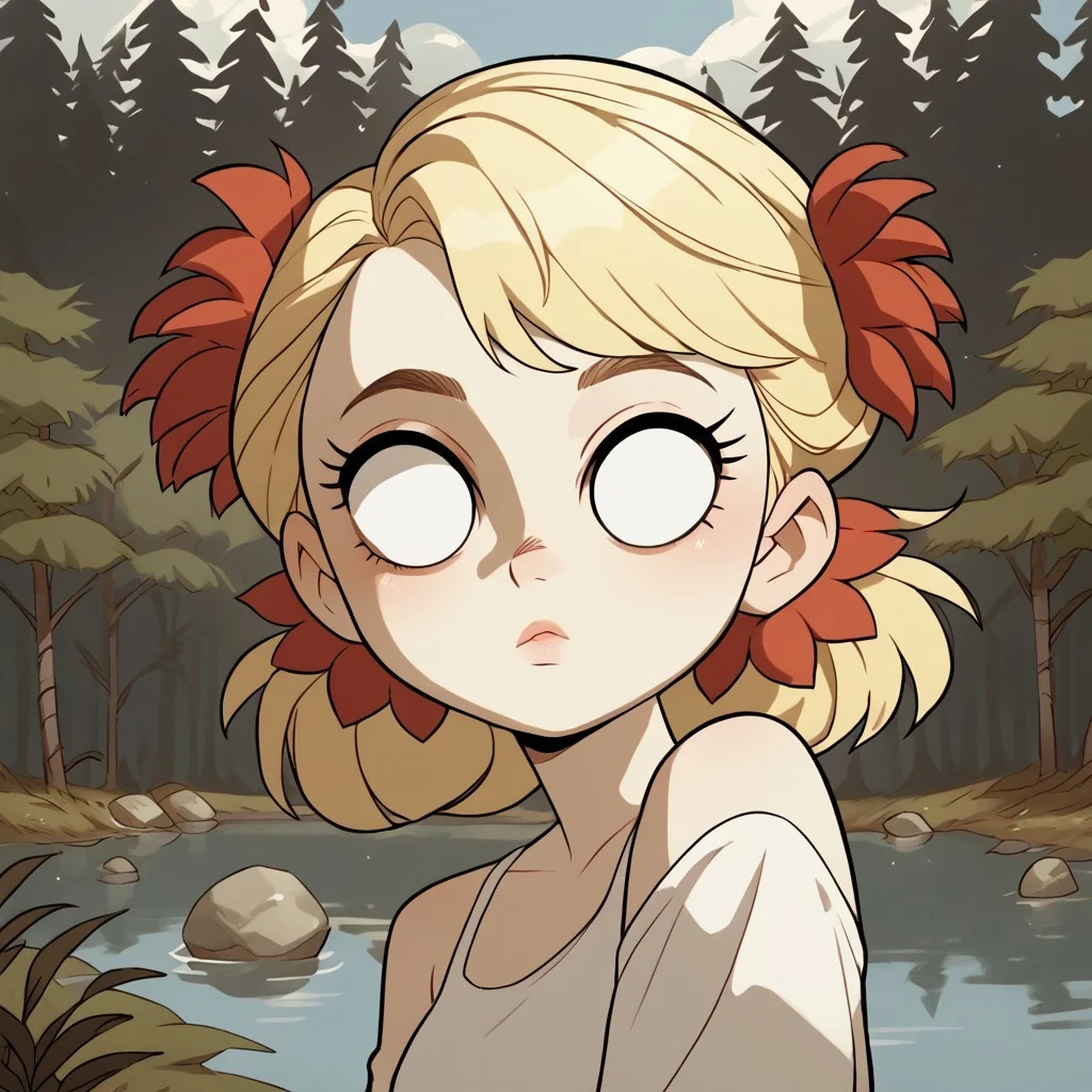 score_9, score_8_up, score_7_up, score_6_up, score_5_up, score_4_up, 1 girl, 
diives
Wendy Carter, Dont starve, white eyes, no pupils, blonde hair, bangs, hair flower
forest,  river, riverside, enf