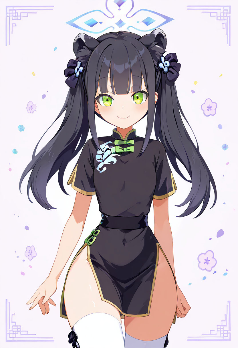 masterpiece, best quality, solo, curvy, beautiful eyes,  narrow waist, wide hips, zzShun, green eyes, black hair, blunt bangs, long hair, animal ears, tiger ears, halo, animal ear fluff, twintails, tiger girl, extra ears, black dress, black footwear, china dress, shoes, short sleeves, white thighhighs,  ,       <lora:ShunBlueArchiveIXL:1.0>, , smile, looking at viewer, cowboy shot,  <lora:HaradaTakehitoIXL_v3:0.8>, <lora:ZankuroIXLLight_v2:0.3>,