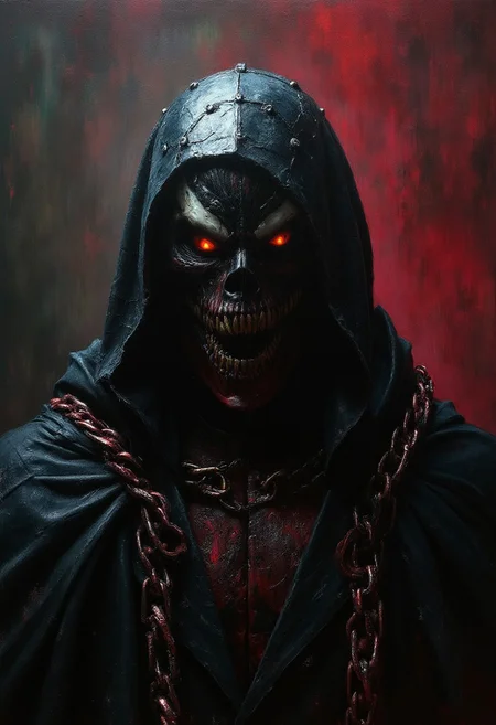 In Casey Bowe's memorable style, Venom's gothic body is composed almost entirely of necroplasm. A substance that came from hell, Venom. His cloak is very aesthetic and deadly. The chains, cape and black suit are part of a sentient parasitic organism known as K7-Lita, a parasite from hell, which attaches itself to the nervous system of its hosts and emerges from the depths of darkness. Its essence is a fascinating mixture. mystery and horror charm. His piercing eyes radiate a mysterious presence that draws viewers into his world. Baugh's brush imbues the painting with a unique combination of realism and abstraction, highlighting Venom's subtle facial features and contrasting them against the background of deep, rich hues. The interaction of light and shadow gives the painting depth and volume, creating a hauntingly beautiful image of this Gothic painting. Bow's distinctive style captures the essence of Spawn's mysterious nature, inviting competition.