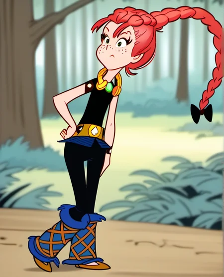 solo, 1girl, adren2, braid, freckles, hand on hips, long hair, red hair, single braid, sleeveless, full body, weapon, neck jewellery, belt, hair bow, pine forest, blurry background, <lora:adren2-000010:1>,