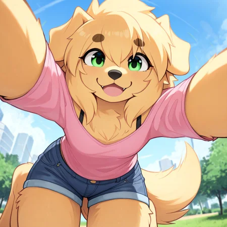 masterpiece, best quality, newest, absurdres, highres, furry, perfect anatomy, Friday,1girl,solo,furry female,dog girl,dog ears,green eyes,snout,animal nose,body fur,two-tone fur,dog tail, small breasts, pink shirt, blue shorts, denim shorts, outdoors, park, grass, jumping, pouncing, jumping towards viewer, happy, playful, looking at viewer, pouncing towards viewer, pov, arms towards viewer, hands towards viewer, paws towards viewer,