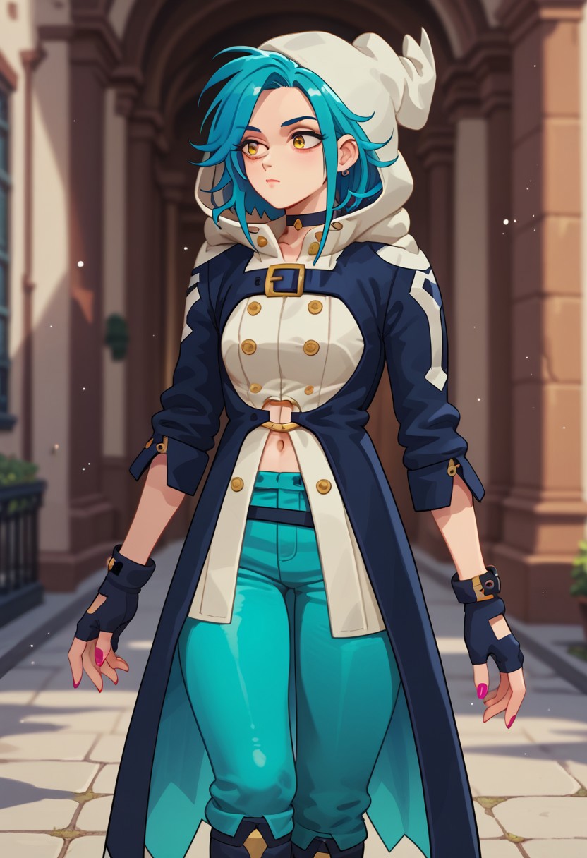 Score_10, Score_9, Score_8_up, Score_7_up, Score_6_up, 1girl, solo,
x1ndr1el,
yellow eyes, blue hair, nail polish, short hair, navel,
white gloves, fingerless gloves, hat, hood, white headwear, boots, blue pants, knee boots, black footwear, belt, coat, choker, buttons,