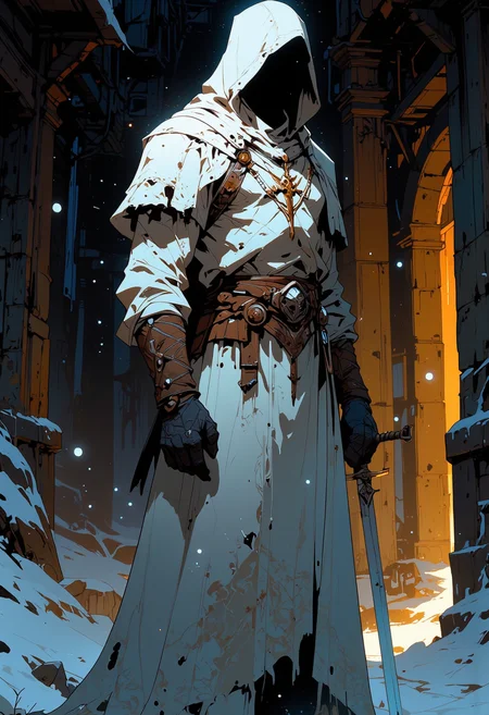 hidden face, mysterious character draped in a tattered white cloak with a hood, standing upright, holding a sliver sword with one hand on the hilt and positioned in front of him, nobility and secrecy, with armor gear visible around the waist. background is dark snowy alley, enigmatic aura of the character. The style is ethereal and artistic, soft lighting and shadows, cinematic warm lighting, mystery, white cloak should have a soft texture, sword should have a shiny metallic sheen.
Niji Stan Katayama style.