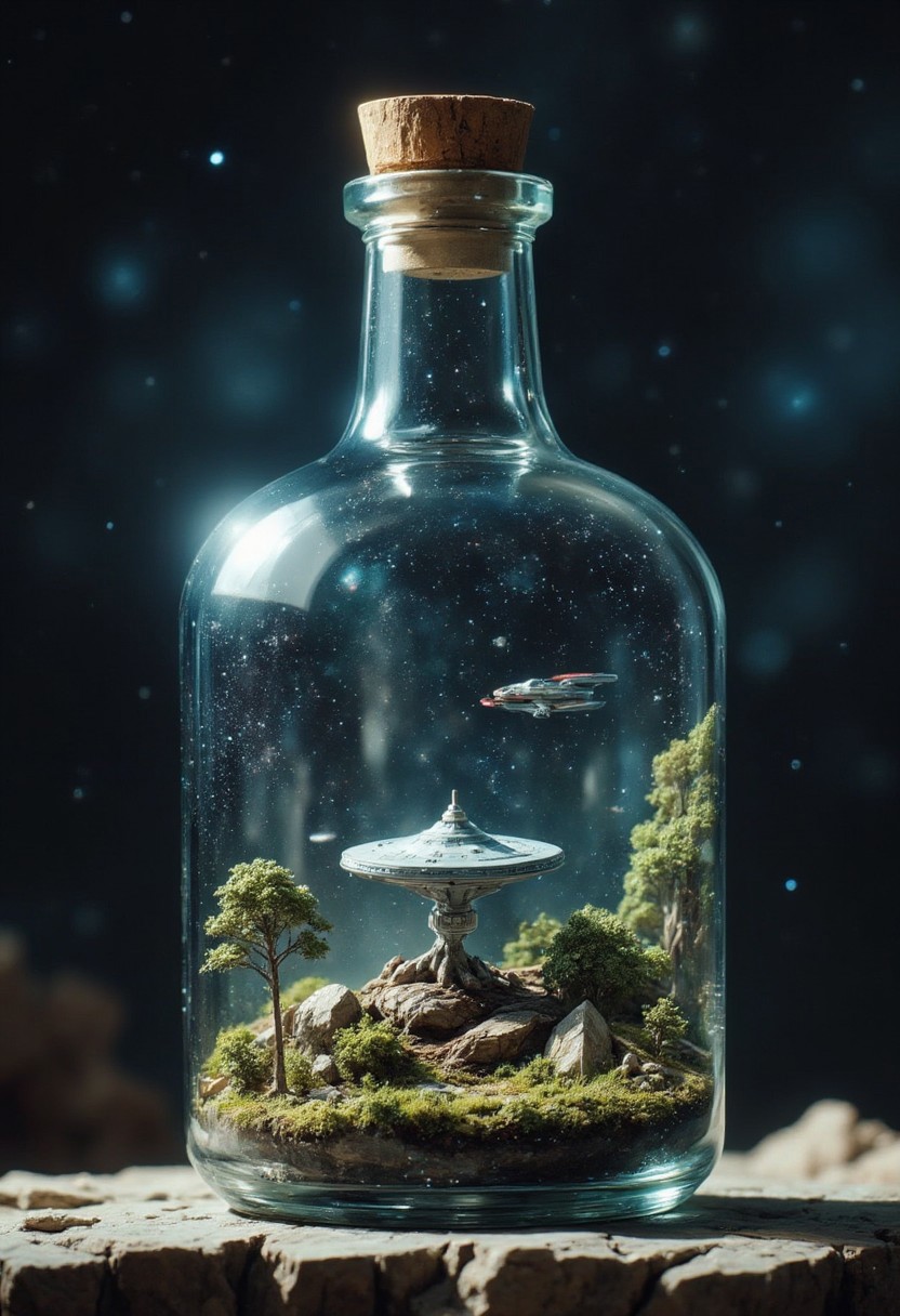 A glass bottle with a miniaturzied uss enterprise from star trek. the ship is real and has smaller shuttle circling around it. the ship is trapped inside this tiny glass bottle. the bottle drifts into deep space.